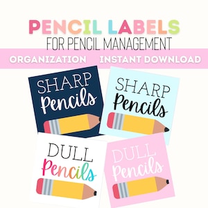 Op de afbeelding: Vier vierkante potloodlabels met gele potloodafbeeldingen. Twee labels zijn marineblauw en lichtblauw met de tekst SHARP Pencils. Twee labels zijn wit en roze met de tekst DULL Pencils. De bovenste tekst luidt PENCIL LABELS FOR PENCIL MANAGEMENT.