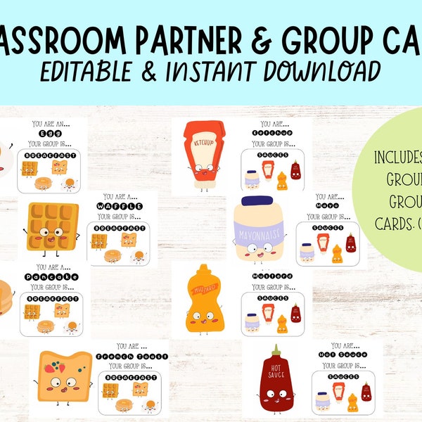 INSTANT DOWNLOAD Classroom Partner and Group Work Cards, Partner Cards, Grouping Cards, Back to School Class Systems, Class Community Cards