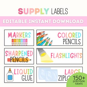 編集可能な教室用品ラベル、学生用品の整理、用品箱、トレイ、コンテナ用のラベル。既製の用品ラベル