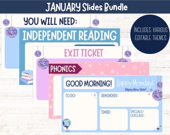 May include: A set of printable January themed classroom slides with a disco ball design. The slides include titles for independent reading, exit ticket, phonics, and a good morning slide with sections for to do, reminders, timer, and specials/outclass.
