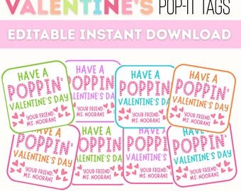 Printable Pop-It Valentine's Day Gift Tags, Personalize Valentine Party Favor Tag, Classroom Valentine's Gift Tag, Editable Valentine's Tag