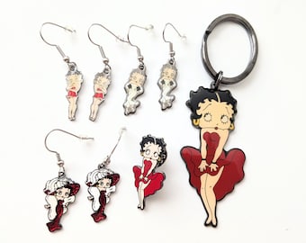 Brincos vintage BETTY BOOP de 2003 da Pinnacle Designs, broche, porta-chaves, aço inoxidável esmaltado (conjunto com 5), estoque antigo e novo!