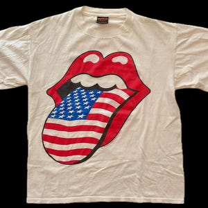 ROLLING STONES 1994 Tour T-Shirt Men&#39;s (L) White, Voodoo Lounge US Flag, 90s Vintage