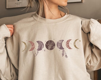 Moon Phases Shirt, Women's Aesthetic Sweatshirts, Boho Astrologist Shirts, Trendy Hoodie For Her, Lunar Cycle Shirts, Astrology Gifts, E5709