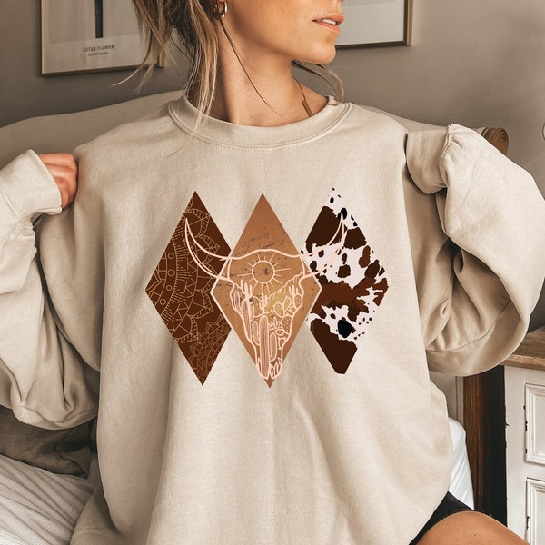 Boho Bull Skull Shirt, Women's Country Shirt, Farmer Sweatshirt, Cowboy Rodeo Shirt, Cowgirl Shirt, Bullhead Hoodie, Cowskull Shirt, E5684