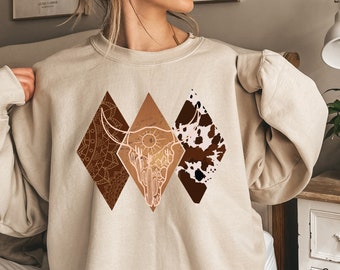 Boho Bull Skull Shirt, Women's Country Shirt, Farmer Sweatshirt, Cowboy Rodeo Shirt, Cowgirl Shirt, Bullhead Hoodie, Cowskull Shirt, E5684