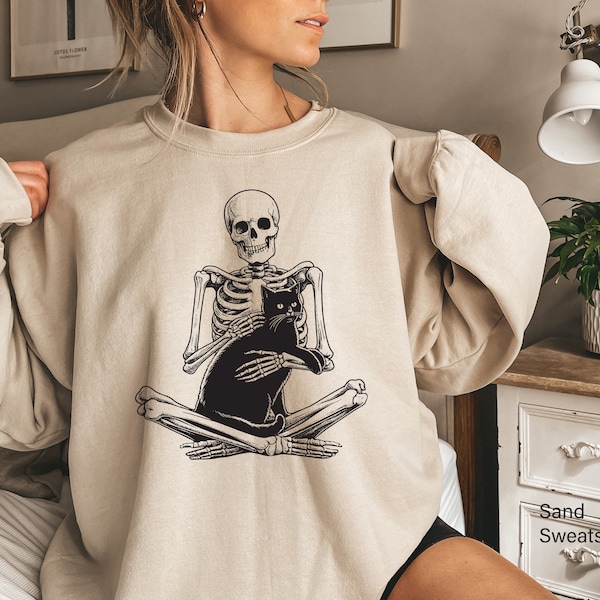 Skeleton Holding Cat Sweatshirt, Skeleton And Black Cat Shirt, Spooky Cat Lady Tee, Gothic Cat Owner Hoodie, Trendy Cat Mom Gift, E7657