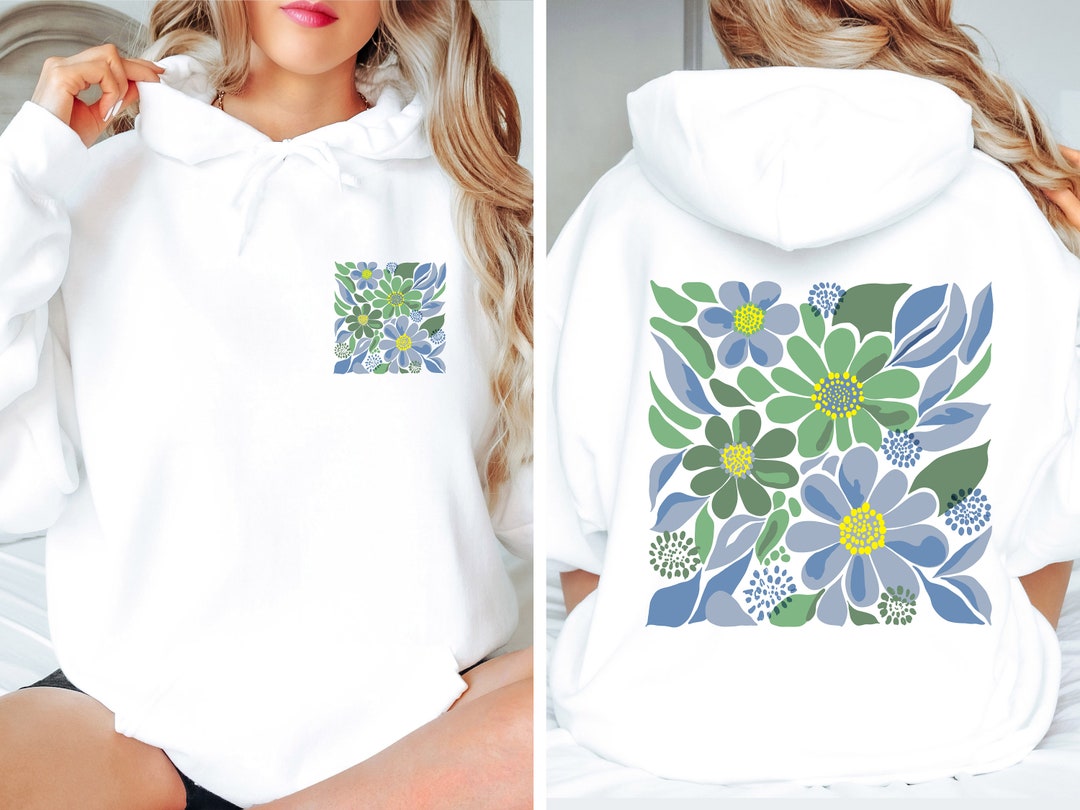 Blue Floral Hoodie, Cute Wild Flowers Garden Sweatshirt for Nature ...