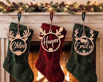 Custom Reindeer Christmas Ornament, Personalized Wooden Stocking Name Tag, Gift Tag, Place Card