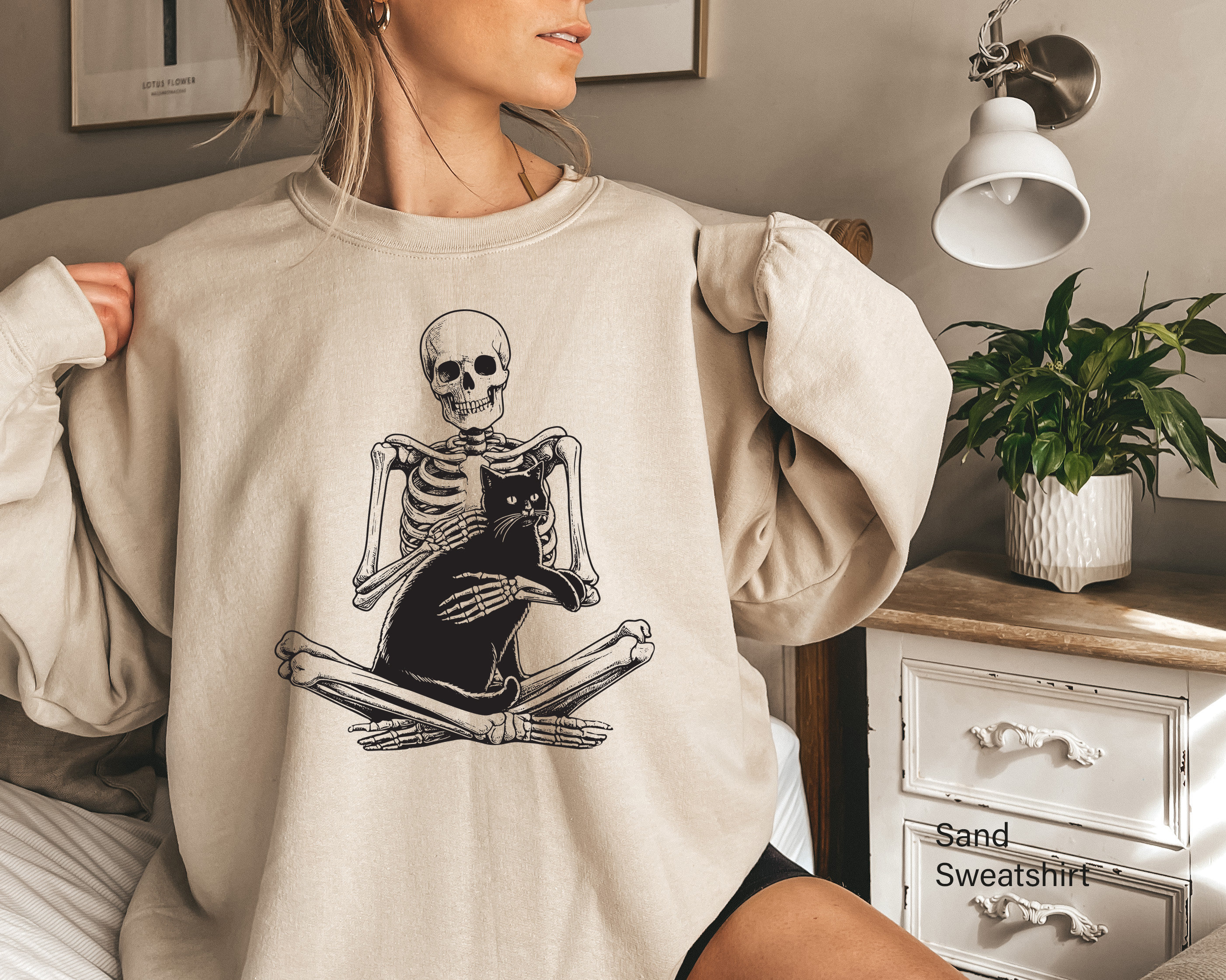 Skeleton Holding Cat Sweatshirt, Skeleton and Black Cat