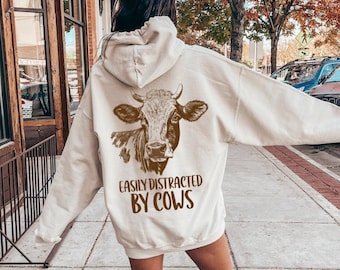 Easily Distracted By Cows Shirt | Women's Funny Country Hoodie, Gift For Cow Lover, Gift For Her, Cow Skull Tee, Animal Lover Shirt