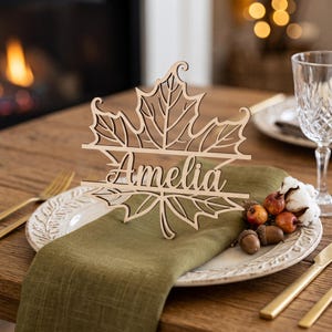Tarjetas de lugar con forma de hoja para Acción de Gracias, etiquetas de madera personalizadas con nombres, tarjetas de lugar con forma de calabaza, decoración de mesa otoñal para Friendsgiving