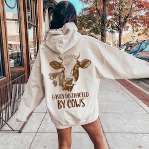 Easily Distracted By Cows Shirt | Women's Funny Country Hoodie, Gift For Cow Lover, Gift For Her, Cow Skull Tee, Animal Lover Shirt