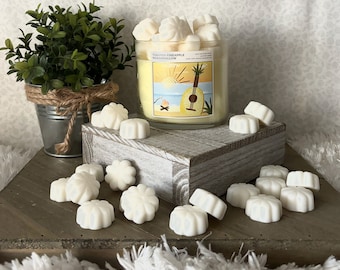 May include: A large glass candle with a label featuring a beach scene and the text "Toasted Pineapple Marshmallow." White wax melts are scattered around the candle and on a wooden stand. A small potted plant is on the left.