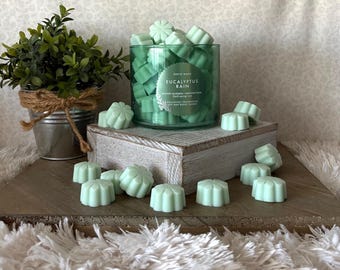 May include: A glass jar filled with light green flower-shaped wax melts labeled White Barn Eucalyptus Rain, surrounded by loose wax melts on a wooden block, with a small green plant in a metal bucket tied with twine nearby.