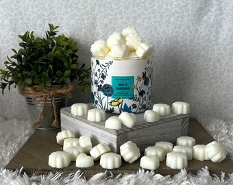 Può includere: Cubetti di cera bianca in un barattolo di vetro con un motivo floreale e il testo "Bath & Body Works White Gardenia Scented Candle". Il barattolo è circondato da cubetti di cera bianca su una superficie di legno.