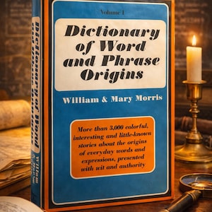 May include: A hardback book, "Dictionary of Word and Phrase Origins", with a blue and orange cover. The book is open, and a lit candle and magnifying glass are nearby. The text describes the origins of words and expressions.