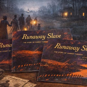 Puede incluir: Se muestran tres ejemplares del libro "Runaway Slave: The Story of Harriet Tubman". Las portadas de los libros presentan un fondo oscuro y texturizado con letras doradas. La imagen evoca un tema histórico con una escena nocturna.