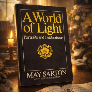 May include: A hardback book titled A World of Light: Portraits and Celebrations by May Sarton, author of Journal of a Solitude. The book cover is black with bold yellow text and a central yellow floral emblem, standing upright on a wooden surface.