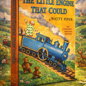 May include: A vintage children's book titled "The Little Engine That Could" by Watty Piper. The cover features a blue train, a clown, and teddy bears. The book is set against a backdrop of a whimsical landscape with a rainbow.