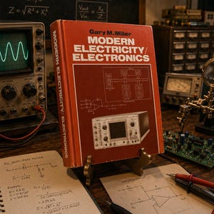 May include: A hardcover textbook titled Modern Electricity/Electronics by Gary M. Miller with a red cover featuring a white diagram of an oscilloscope and circuit schematics, displayed upright on a small metal stand on a desk.