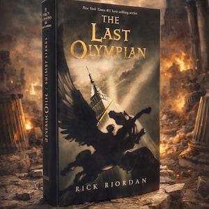 Puede incluir: Un libro de tapa dura titulado "The Last Olympian" de Rick Riordan. La portada presenta una silueta negra de un caballo alado y un jinete, con el Empire State Building al fondo. Parte de la serie "Percy Jackson & The Olympians".