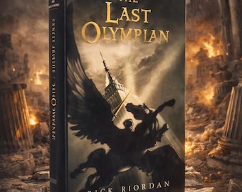 Pode incluir: Um livro de capa dura intitulado "The Last Olympian" de Rick Riordan. A capa apresenta uma silhueta preta de um cavalo alado e um cavaleiro, com o Empire State Building ao fundo. Parte da série "Percy Jackson & The Olympians".
