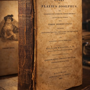May include: An old book, "The Works of Flavius Josephus", with a distressed brown leather cover. The title and author's name are printed in black ink on aged paper. A portrait and another book are visible in the background.