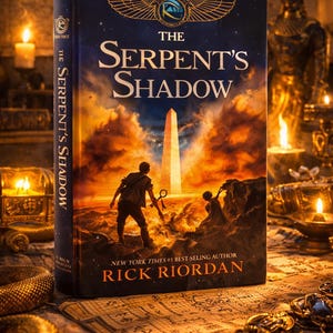 May include: A hardback book titled "The Serpent's Shadow" by Rick Riordan. The cover depicts figures silhouetted against a fiery sky and an obelisk. The book is on a table with candles and ancient artifacts, creating a mystical atmosphere.