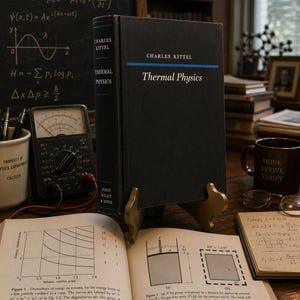 May include: A black hardback textbook titled Thermal Physics by Charles Kittel, published by John Wiley & Sons, displayed on a gold stand. The book features a blue horizontal stripe and white text, surrounded by scientific diagrams and equipment.
