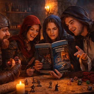 May include: Four people gathered around a table, engrossed in a tabletop game. One person holds dice, while others examine a book titled "The Endless Catacombs." The scene is lit by candlelight, creating a warm, inviting atmosphere.