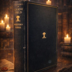 May include: A vintage hardcover book titled "The Works of Eugene Field: Western Verse" with gold lettering and a keyhole design. The book is black with gold trim, set on a wooden surface with candles and a quill.