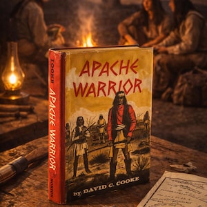 Op de afbeelding: Een vintage boek getiteld "Apache Warrior" van David C. Cooke, met een illustratie van inheemse Amerikaanse figuren op de omslag. Het boek ligt op een houten oppervlak met een kaart, wat een historische of literaire sfeer oproept.