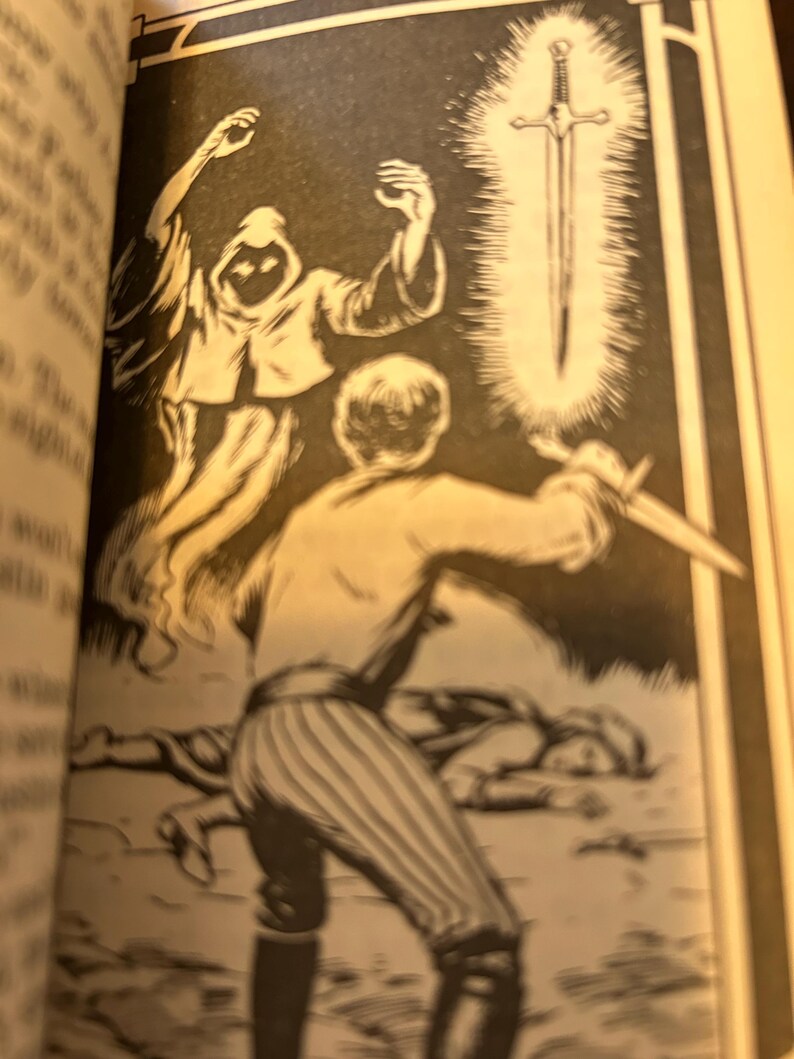 May include: Black and white illustration from a book depicting a fantasy scene. A figure in striped pants and boots is poised with a dagger, facing a glowing sword. A spectral figure with a hooded cloak hovers above, and another figure lies on the ground.
