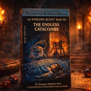 May include: An Endless Quest Book #22, "The Endless Catacombs," by Margaret Baldwin Weis. The book cover features fantasy artwork with figures and a dungeon setting. Dice and a leather-bound book are in the foreground.