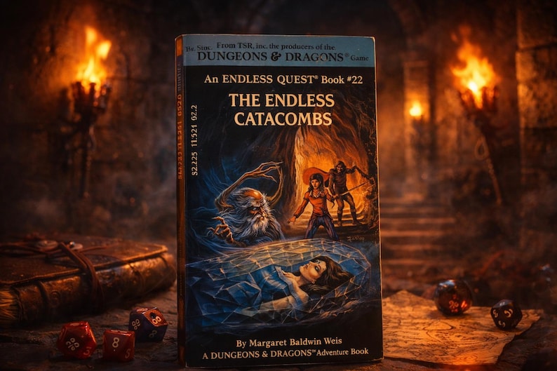 May include: An Endless Quest Book #22, "The Endless Catacombs," by Margaret Baldwin Weis. The book cover features fantasy artwork with figures and a dungeon setting. Dice and a leather-bound book are in the foreground.