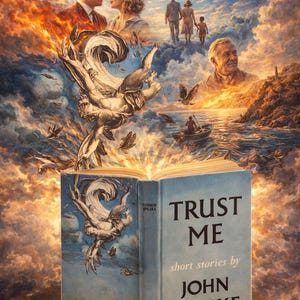 Op de afbeelding: Een boek getiteld "Trust Me" van John Updike, met een surrealistische illustratie. De kaft is lichtblauw met de titel in grote witte letters. De afbeelding toont stellen, gezinnen en een boot op het water.