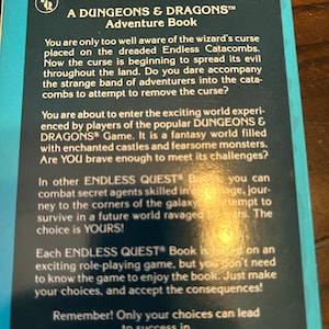 May include: A blue and black book cover with the text "A DUNGEONS & DRAGONS Adventure Book". The book is part of the Endless Quest series. The cover includes text about the game's adventure theme.