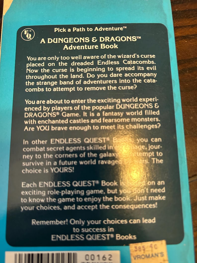 May include: A blue and black book cover with the text "A DUNGEONS & DRAGONS Adventure Book". The book is part of the Endless Quest series. The cover includes text about the game's adventure theme.