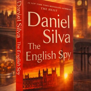 Pode incluir: Um livro de capa dura vermelho intitulado "The English Spy" de Daniel Silva. A capa apresenta texto branco e uma ilustração de paisagem urbana. O fundo mostra um pôr do sol e uma paisagem urbana.