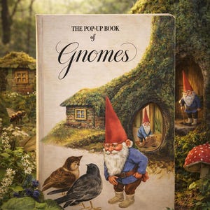 May include: A pop-up book titled "The Pop-Up Book of Gnomes" features a whimsical illustration of gnomes, birds, and a miniature cottage. The cover art showcases a gnome in a blue jacket and red hat, with two birds. The background includes a forest scene.