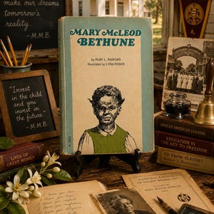 Puede incluir: Un libro de biografía antiguo titulado Mary McLeod Bethune de Ruby L. Radford, que presenta una ilustración central de una persona joven con una prenda superior verde. El libro se exhibe en un soporte negro rodeado de documentos históricos, libros y una campana.
