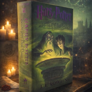 May include: A copy of "Harry Potter and the Half-Blood Prince" by J.K. Rowling. The book's cover is green and purple, with illustrations of Dumbledore and Harry Potter. The book is on a wooden surface, with candles and a quill visible.