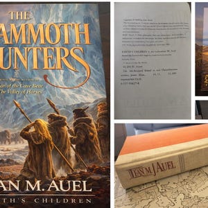 May include: A hardcover book titled "The Mammoth Hunters" by Jean M. Auel. The cover art depicts figures with spears, mammoths, and a mountain backdrop. The book is part of the "Earth's Children" series.