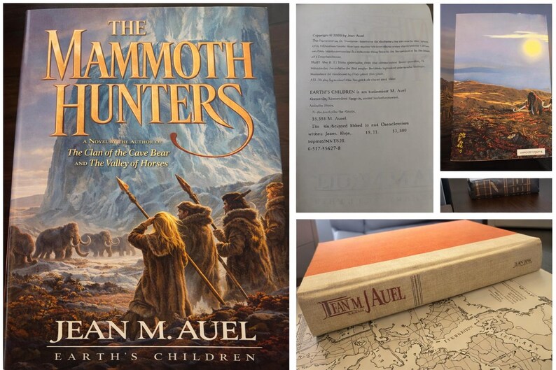 May include: A hardcover book titled "The Mammoth Hunters" by Jean M. Auel. The cover art depicts figures with spears, mammoths, and a mountain backdrop. The book is part of the "Earth's Children" series.