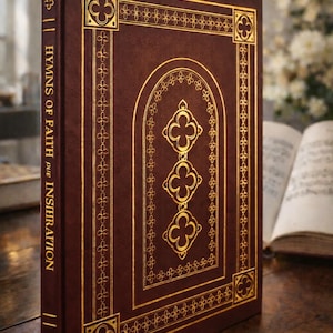 Peut inclure: Un livre marron intitulé "Hymns of Faith and Inspiration" avec des éléments décoratifs dorés en relief. La couverture présente un motif doré en forme d'arche avec trois trèfles. Le livre est posé sur une surface en bois.