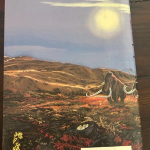 May include: Book cover featuring a landscape with a woolly mammoth. The background shows a sky with a bright sun and rolling hills. The foreground is filled with red and green vegetation. The book's ISBN is visible.