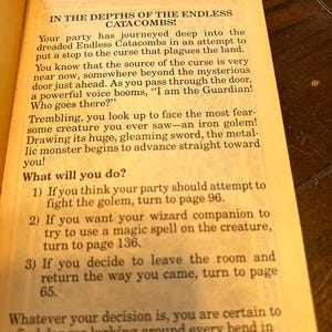 May include: Open book page with text: "IN THE DEPTHS OF THE ENDLESS CATACOMBS!" and instructions for the reader. The page has a yellowed, aged appearance. The text is in black font.