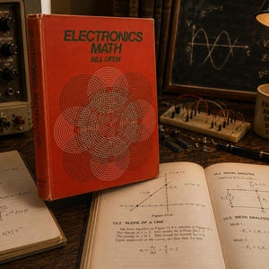 May include: A red hardcover textbook titled Electronics Math by Bill Deem, featuring a geometric circle pattern on the cover. The book stands upright among open notebooks displaying complex mathematical formulas, circuit diagrams, and engineering notes.