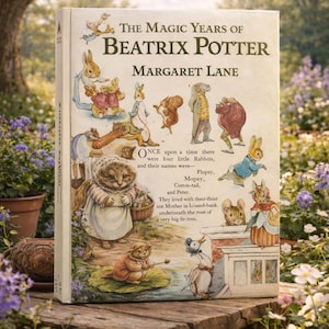 May include: A hardcover book titled "The Magic Years of Beatrix Potter" by Margaret Lane. The cover features illustrations of rabbits and other animals in a whimsical style. The book is set on a wooden surface surrounded by flowers.